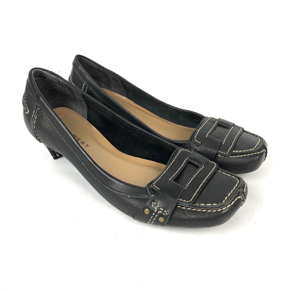 Nine West 6 Women's Shoes Heels Slip On Black Leather Stitched